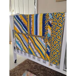 Handmade Embroidered Cotton Crib Quilt Sunflowers Butterflies Yellow Blue White